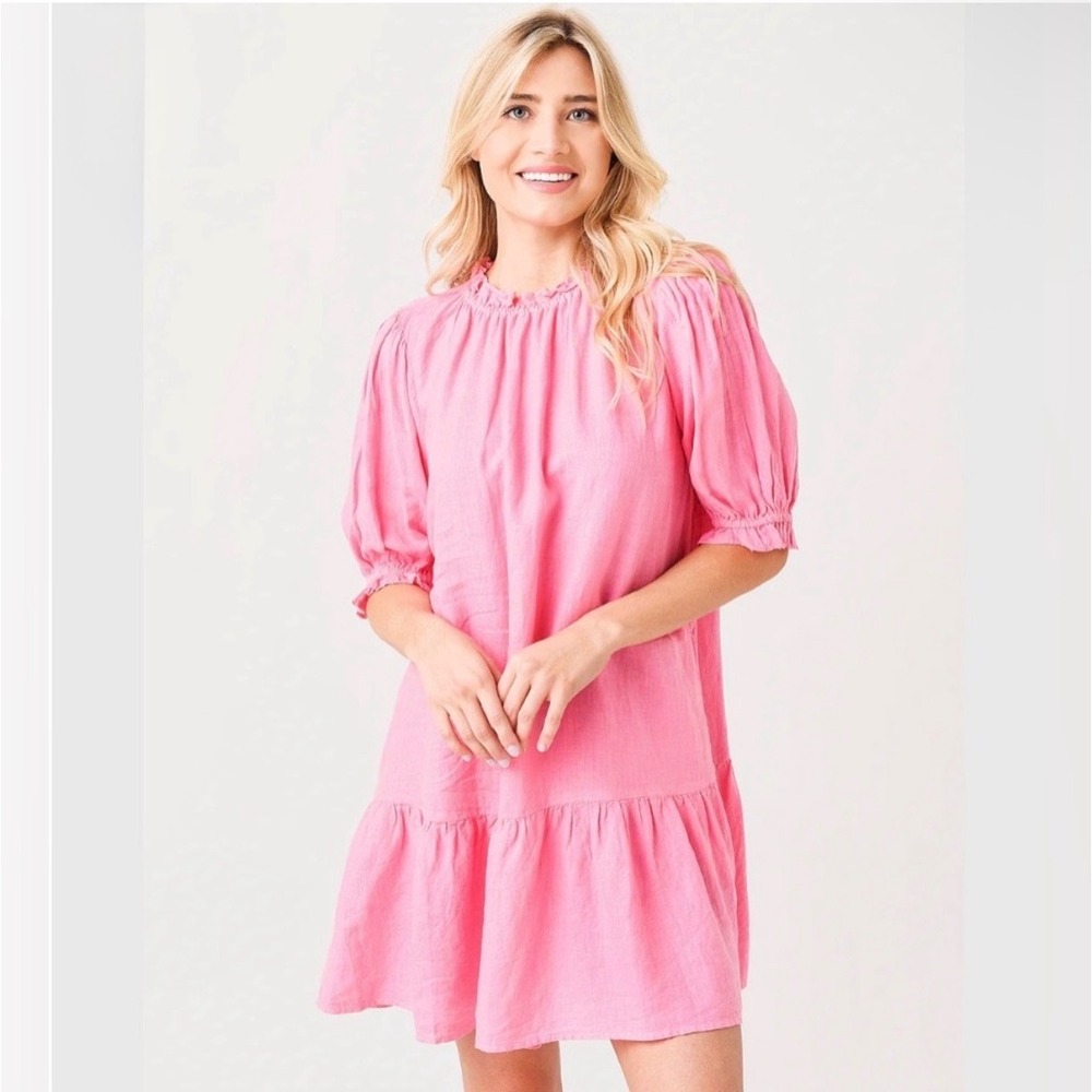 Velvet by Graham & Spencer Bernice Linen Ruffle Neck‎ Mini Dress Pink XS